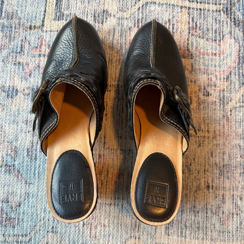 Frye Candice Black Leather Heels Mules Clogs Braided Strap with Buckle - Picture 5 of 10